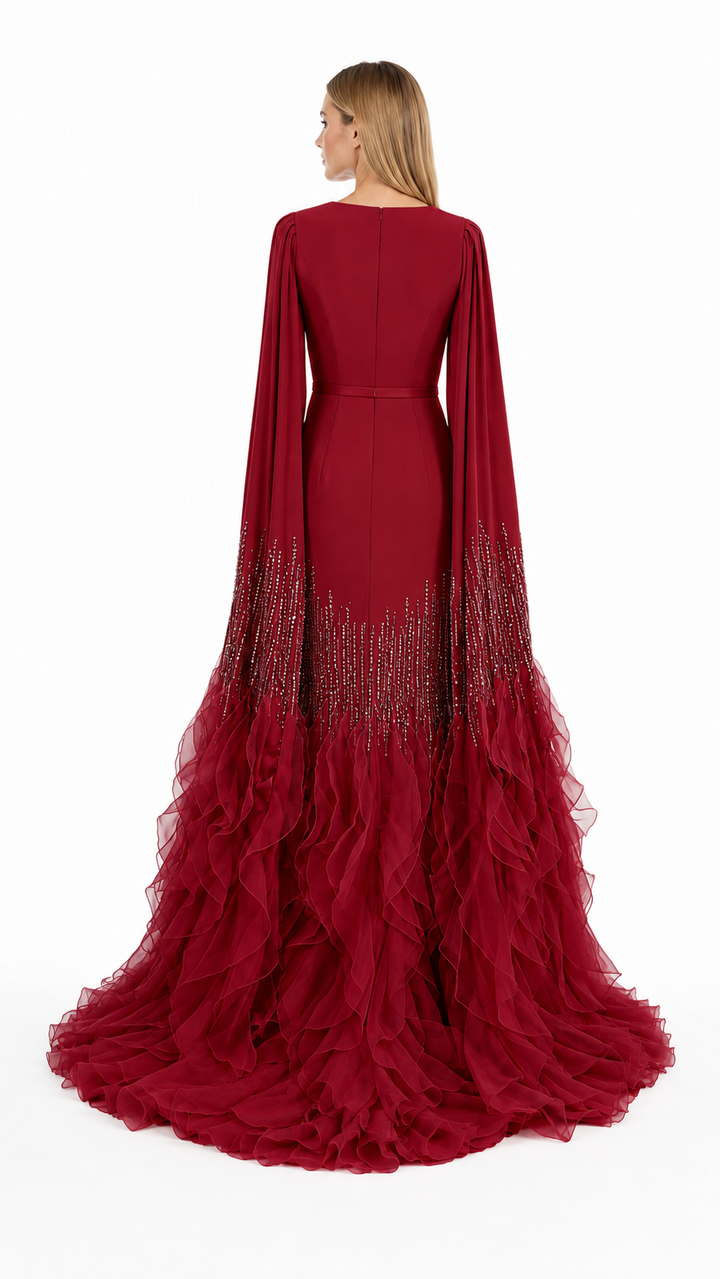 Champagne Cape Sleeve Ruffle Evening Gown – AURELIA
