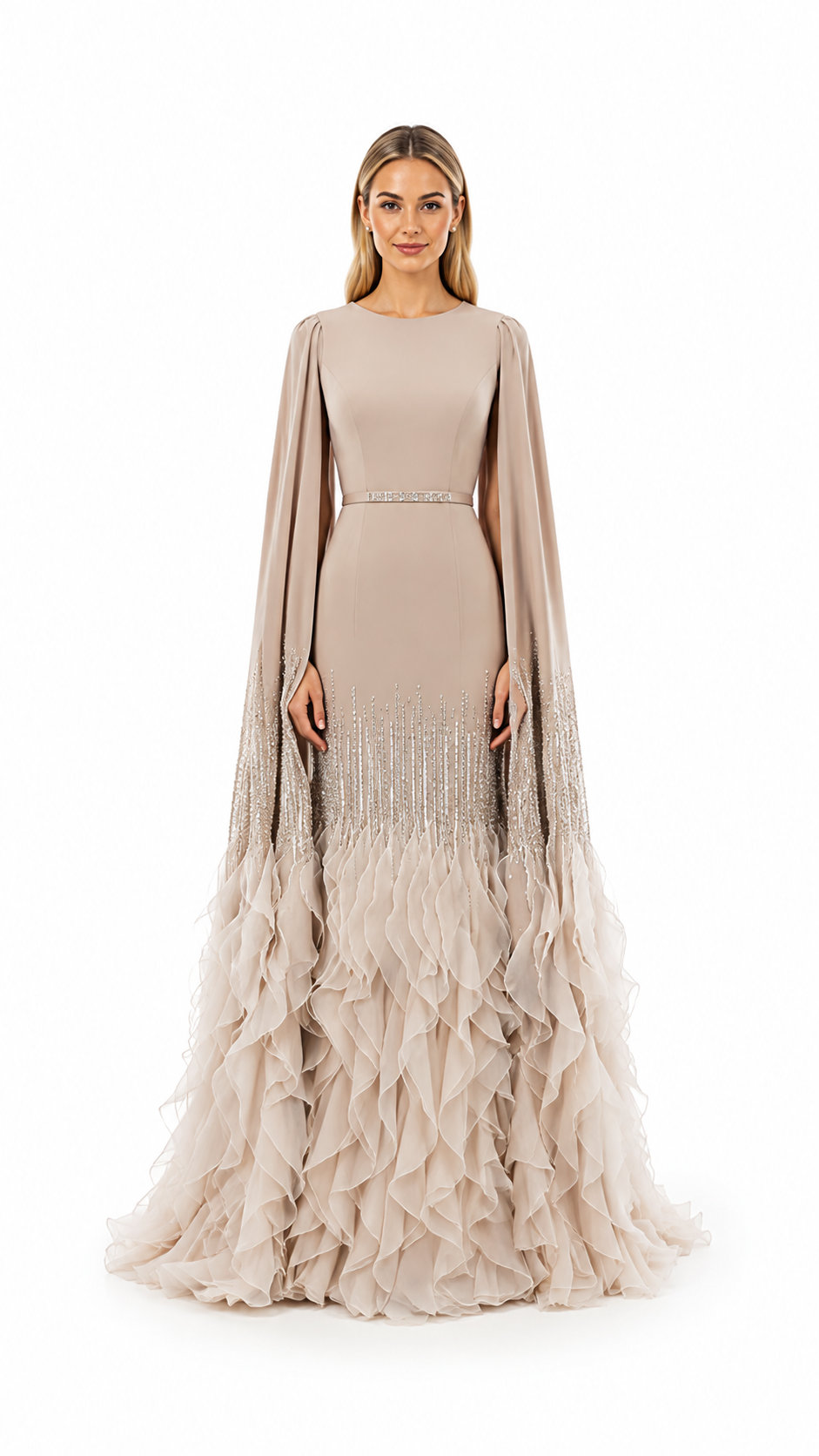 Champagne Cape Sleeve Ruffle Evening Gown – AURELIA
