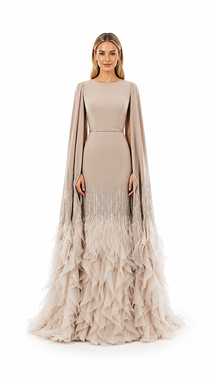 Champagne Cape Sleeve Ruffle Evening Gown – AURELIA