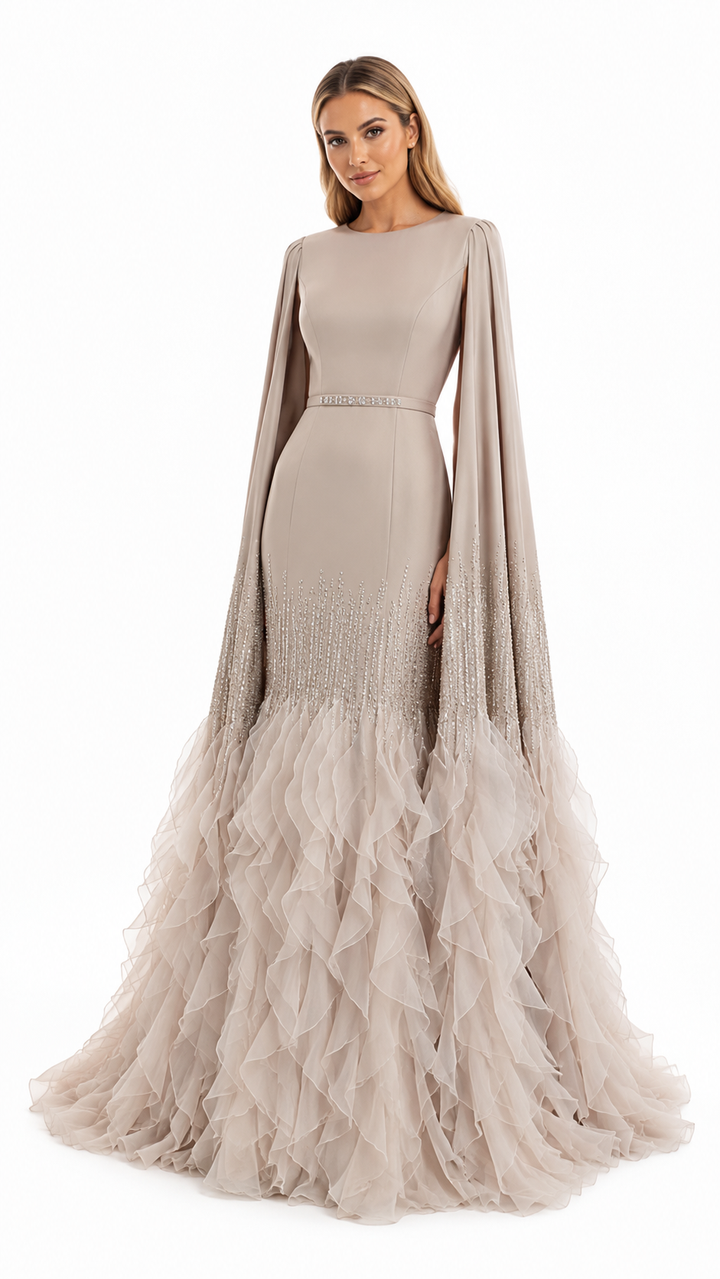 Champagne Cape Sleeve Ruffle Evening Gown – AURELIA