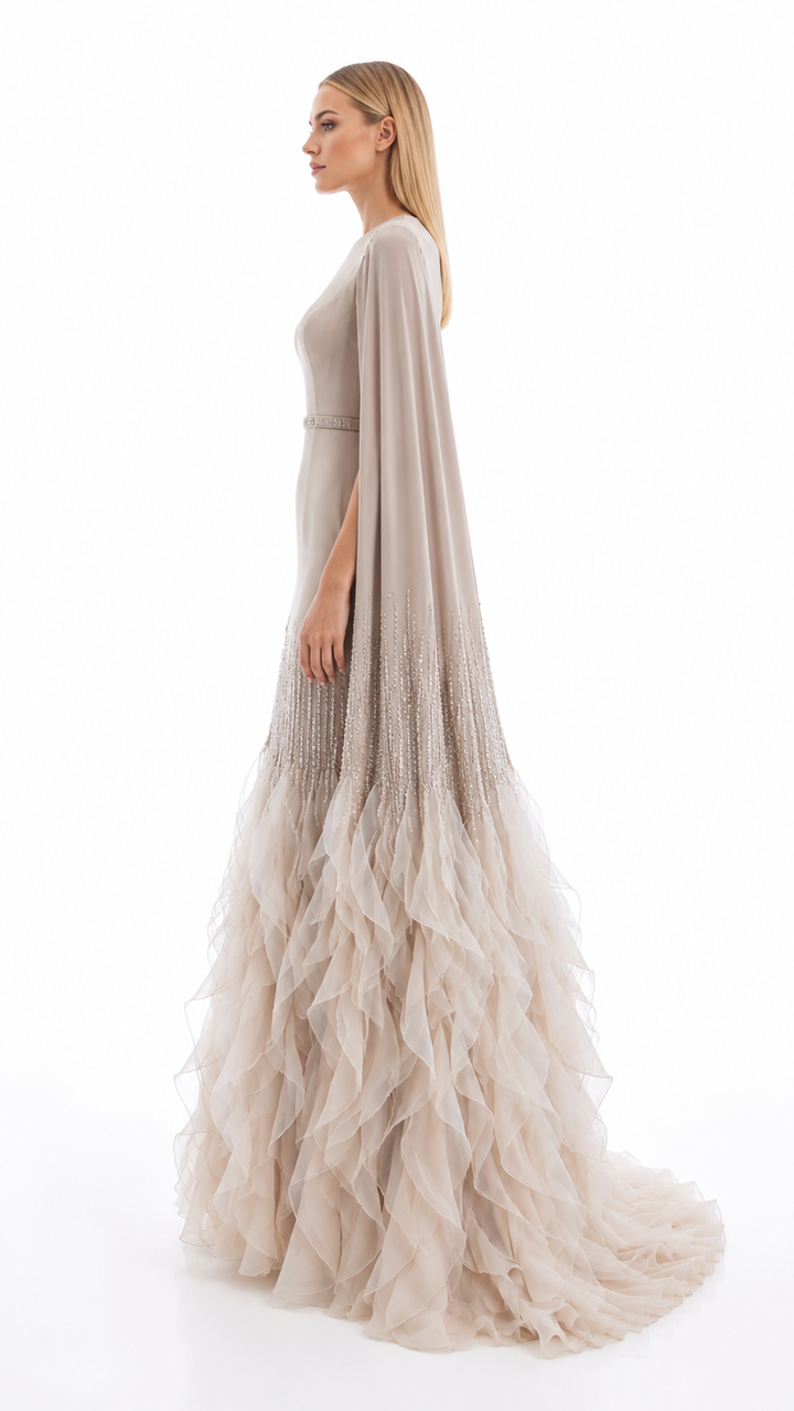 Champagne Cape Sleeve Ruffle Evening Gown – AURELIA