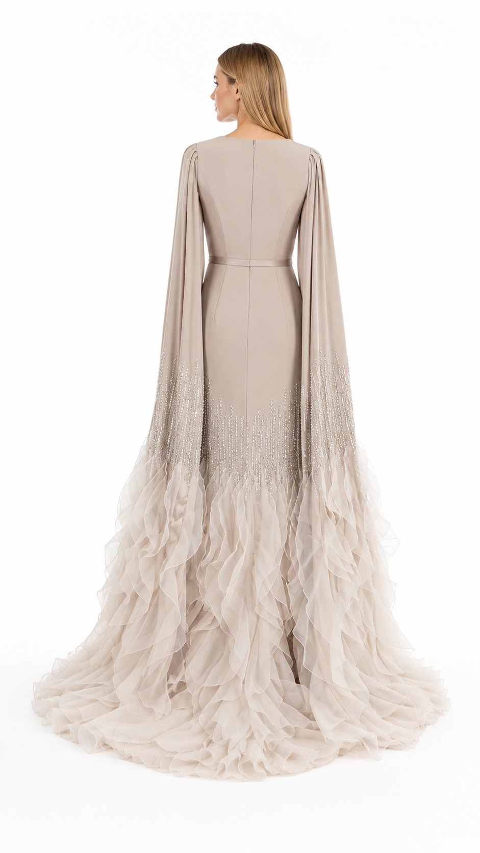 Champagne Cape Sleeve Ruffle Evening Gown – AURELIA