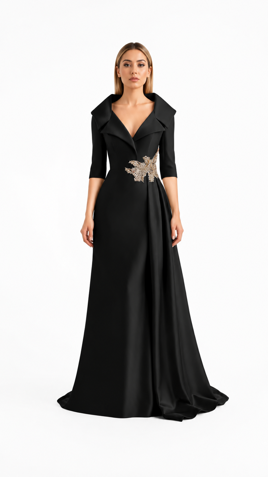 Black Embellished Waist Satin Evening Gown – VELORA