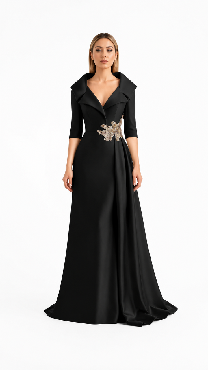 Black Embellished Waist Satin Evening Gown – VELORA