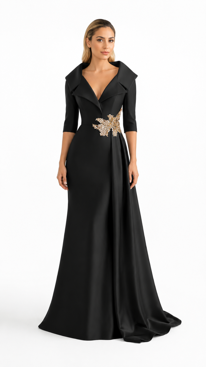Black Embellished Waist Satin Evening Gown – VELORA