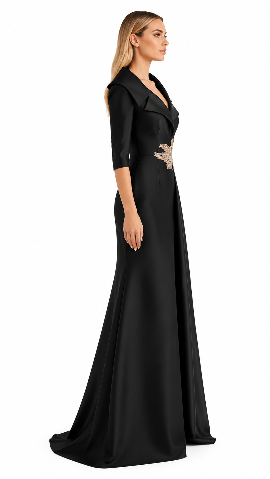 Black Embellished Waist Satin Evening Gown – VELORA