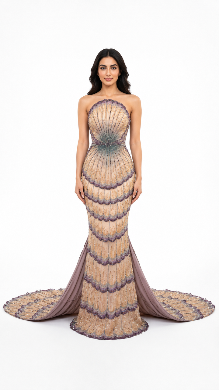 Champagne Beaded Mermaid Evening Gown – LUMÉRA