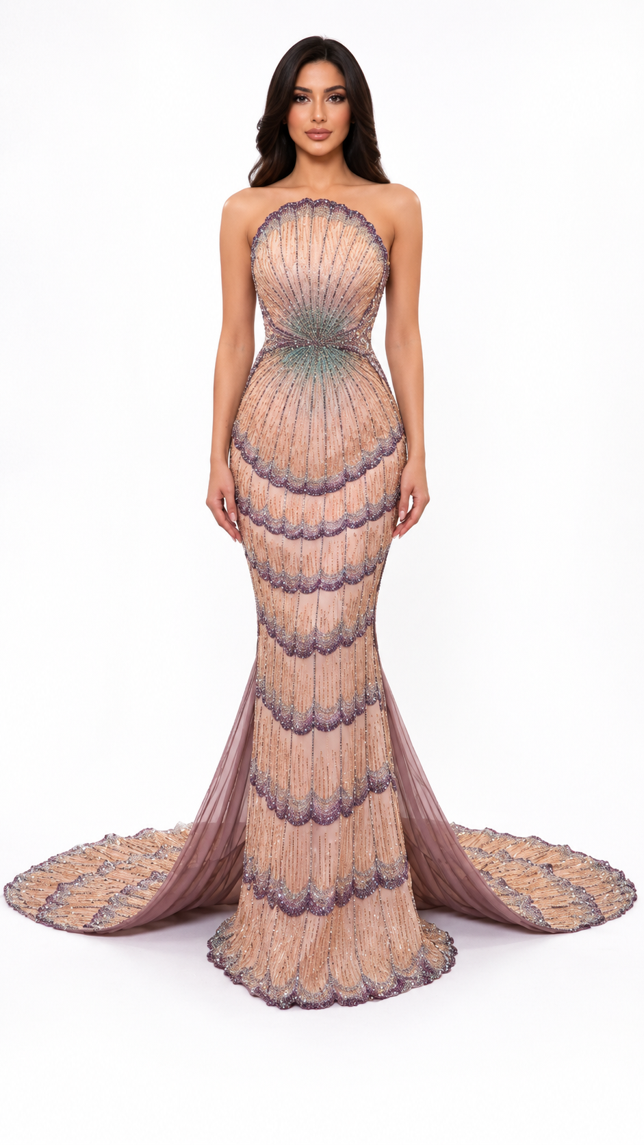 Champagne Beaded Mermaid Evening Gown – LUMÉRA