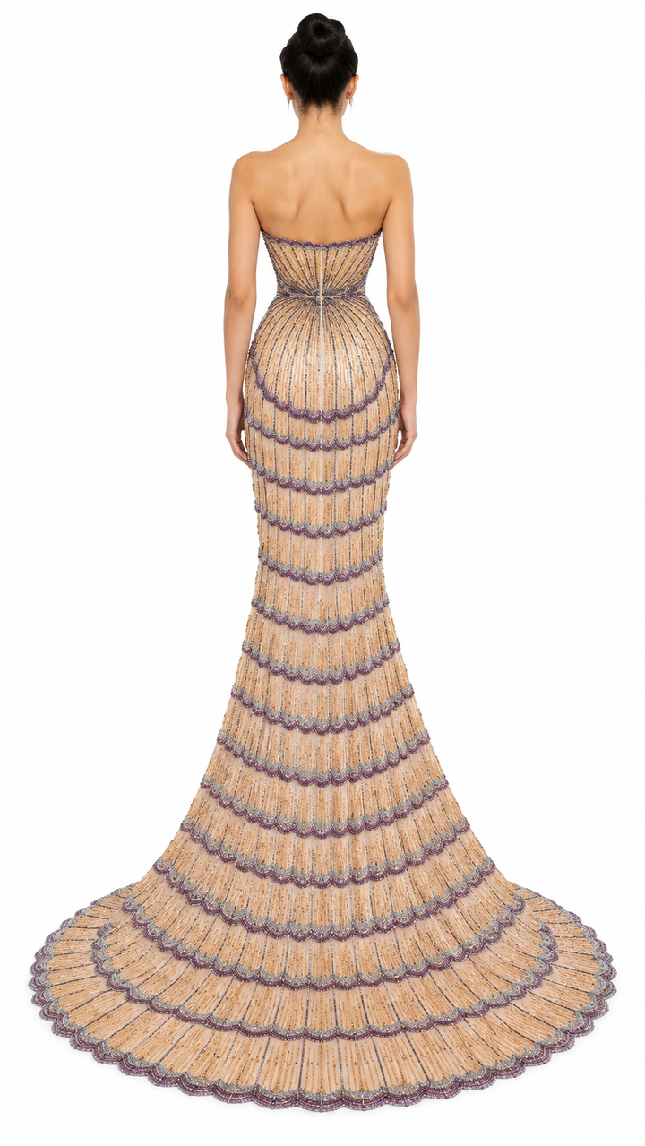Champagne Beaded Mermaid Evening Gown – LUMÉRA