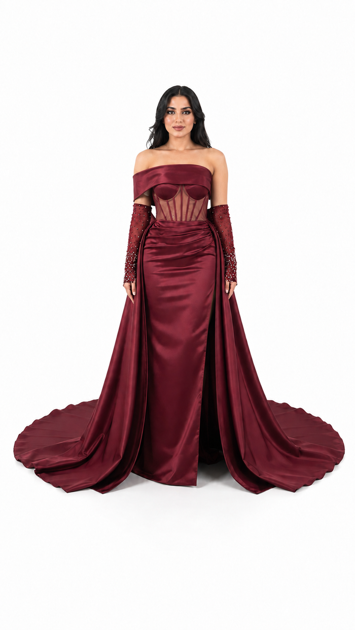 Burgundy Satin Corset Embellished Evening Gown – MARVÉLLE