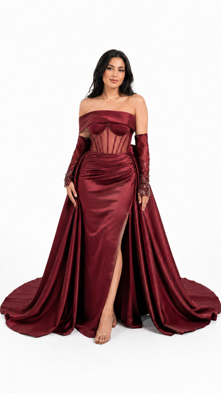 Burgundy Satin Corset Embellished Evening Gown – MARVÉLLE