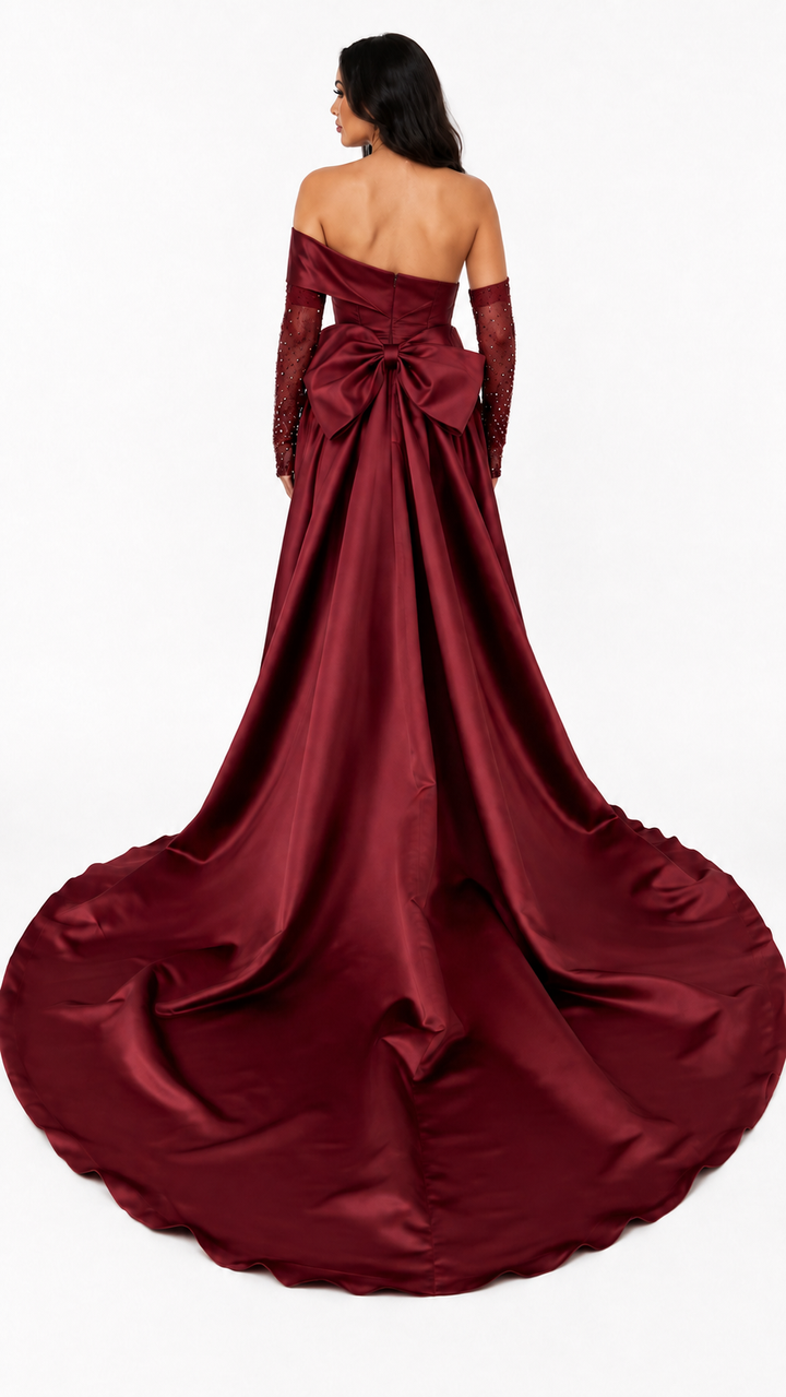 Burgundy Satin Corset Embellished Evening Gown – MARVÉLLE