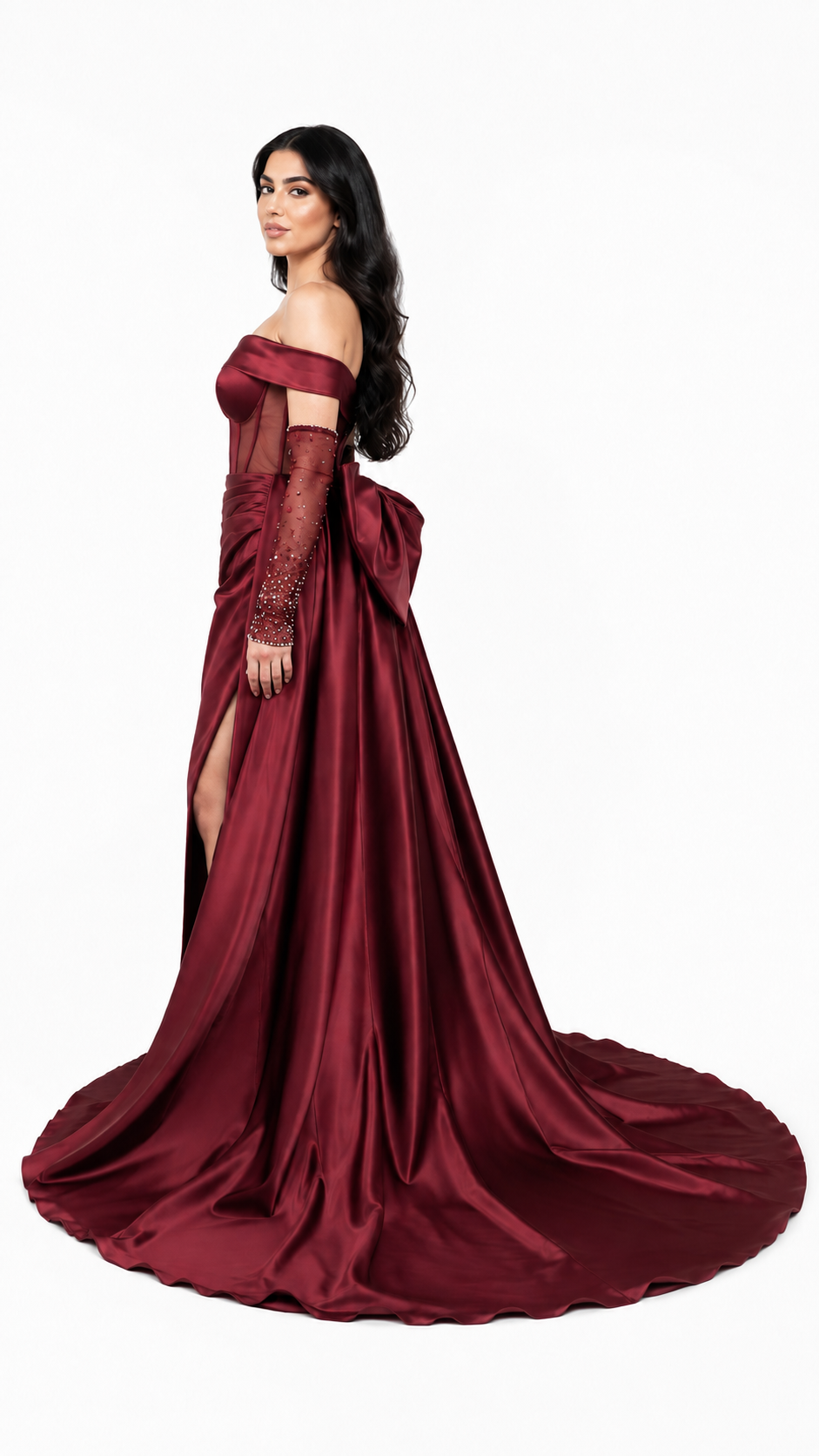 Burgundy Satin Corset Embellished Evening Gown – MARVÉLLE