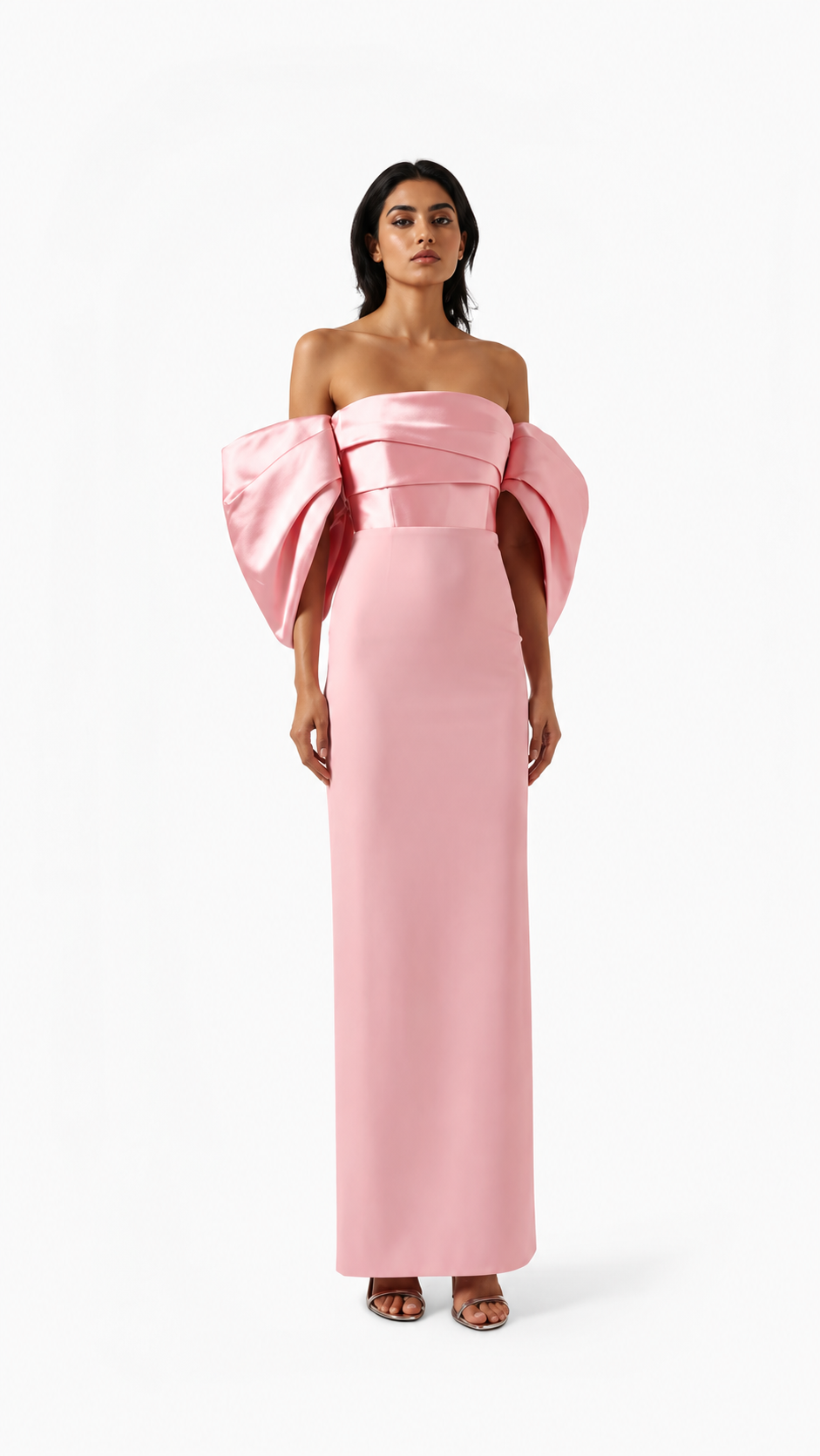 Blush Pink Sculpted Bow Sleeve Evening Dress – VALÉRA