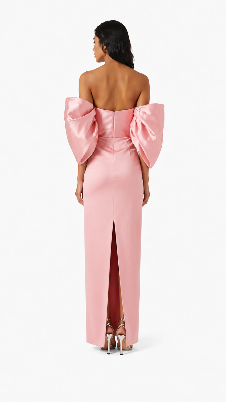 Blush Pink Sculpted Bow Sleeve Evening Dress – VALÉRA