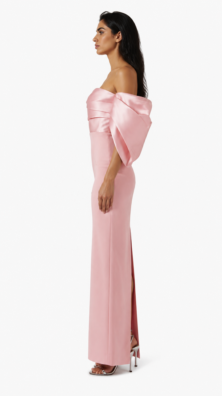 Blush Pink Sculpted Bow Sleeve Evening Dress – VALÉRA