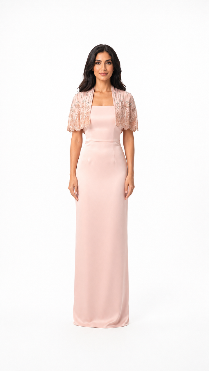 Blush Pink Embellished Cape Evening Gown – ELYSÉA