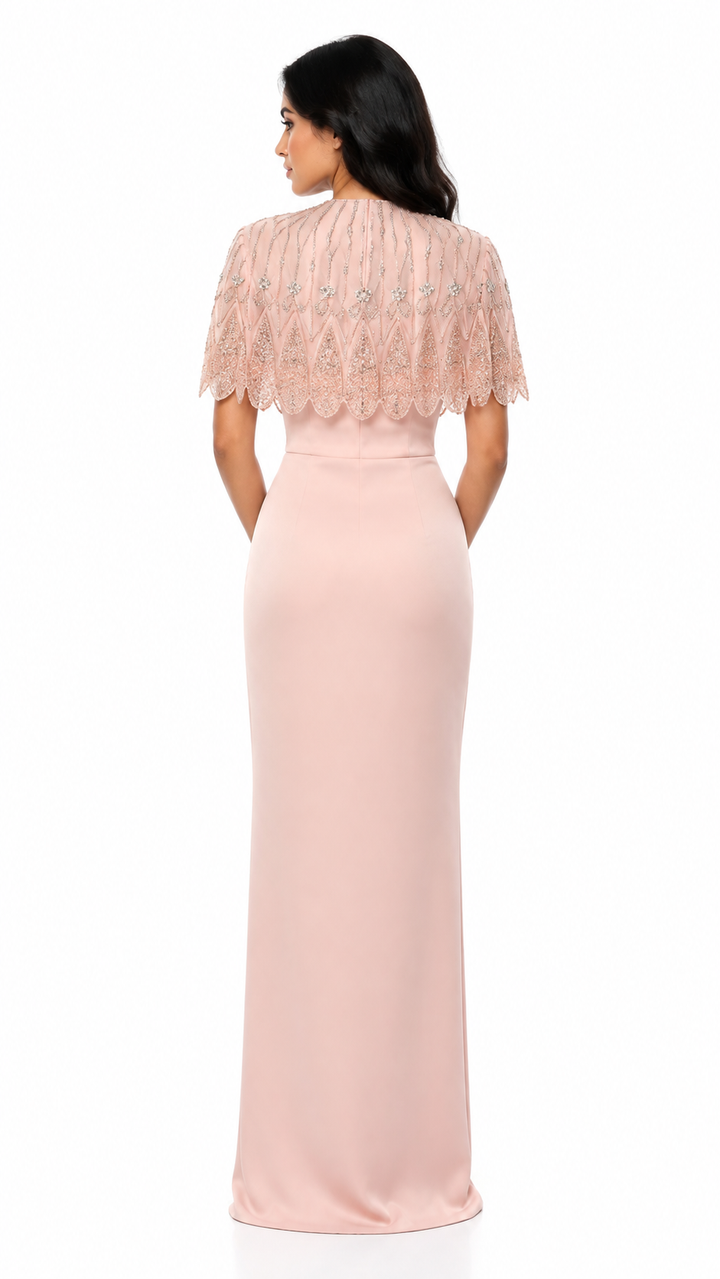 Blush Pink Embellished Cape Evening Gown – ELYSÉA