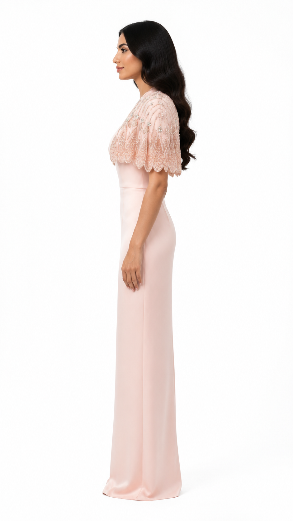 Blush Pink Embellished Cape Evening Gown – ELYSÉA