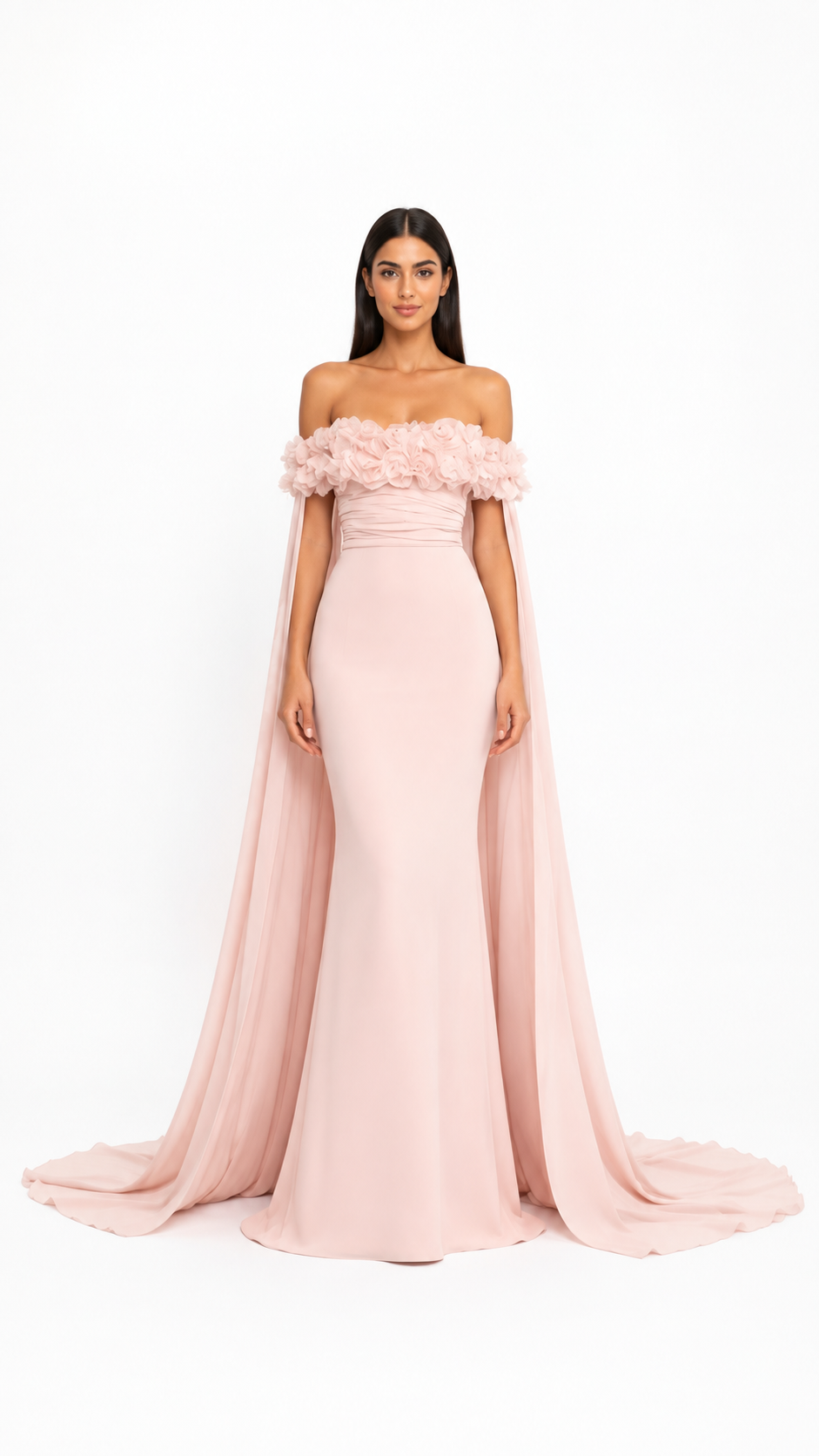 Blush Pink Floral Off-Shoulder Cape Evening Gown – ROSÉLIA