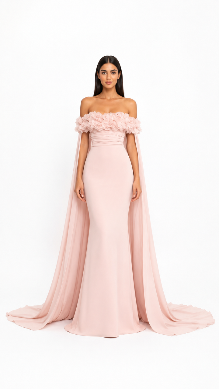 Blush Pink Floral Off-Shoulder Cape Evening Gown – ROSÉLIA
