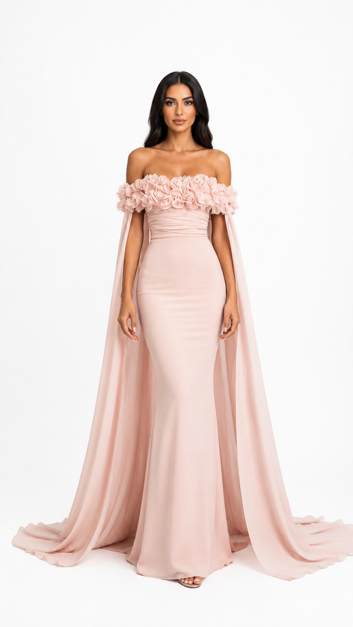 Blush Pink Floral Off-Shoulder Cape Evening Gown – ROSÉLIA