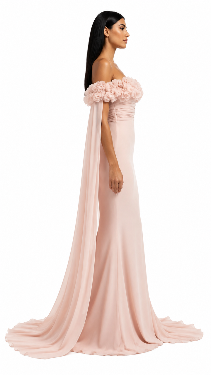 Blush Pink Floral Off-Shoulder Cape Evening Gown – ROSÉLIA