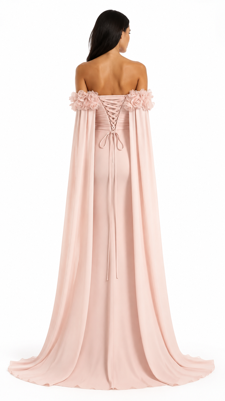 Blush Pink Floral Off-Shoulder Cape Evening Gown – ROSÉLIA