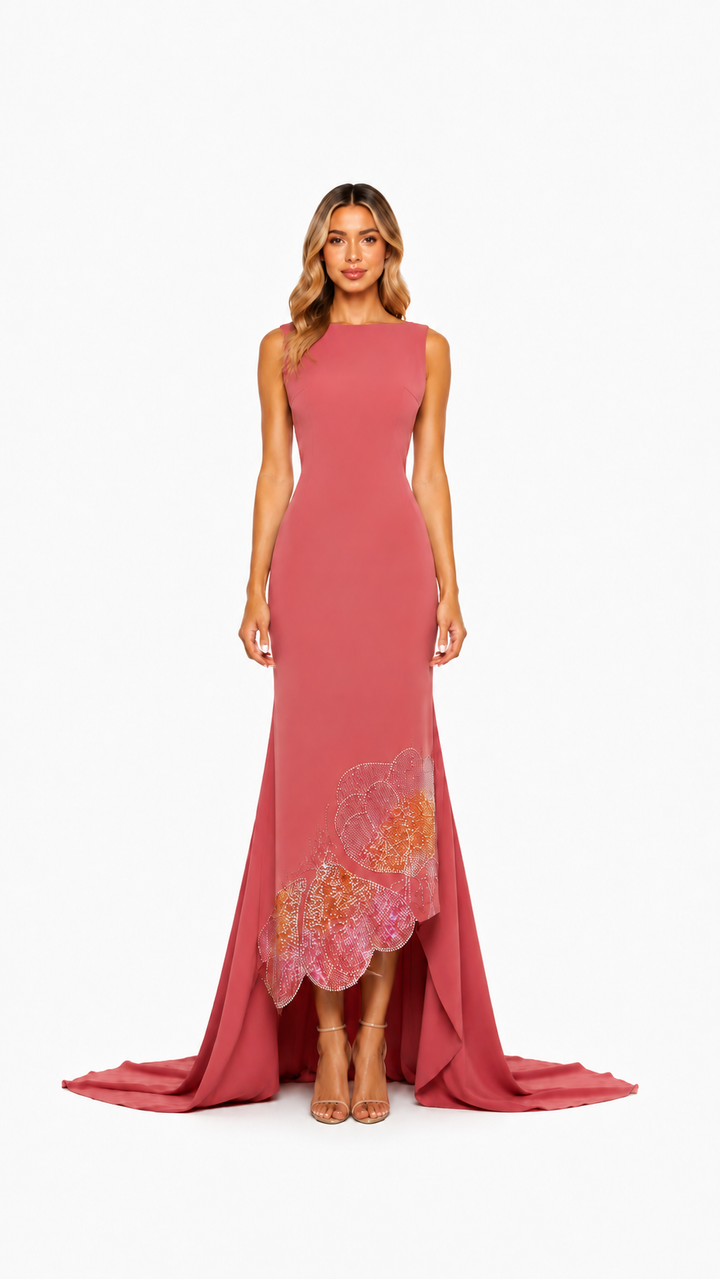 Dusty Rose Crystal Floral Evening Gown – ROSAVIA