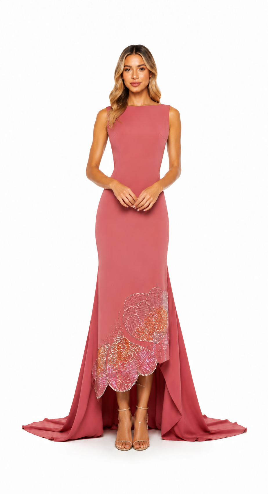 Dusty Rose Crystal Floral Evening Gown – ROSAVIA