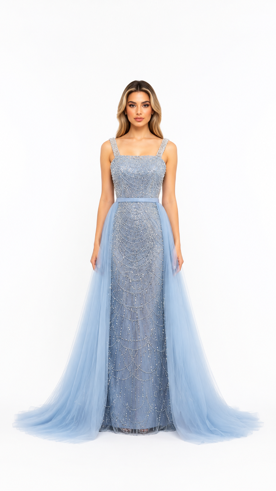Ice Blue Crystal Beaded Tulle Evening Gown – ADELINA