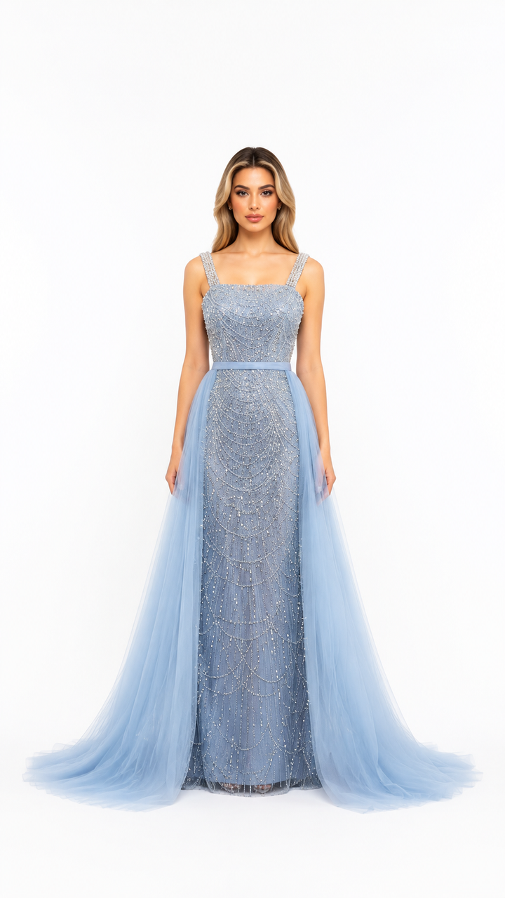 Ice Blue Crystal Beaded Tulle Evening Gown – ADELINA