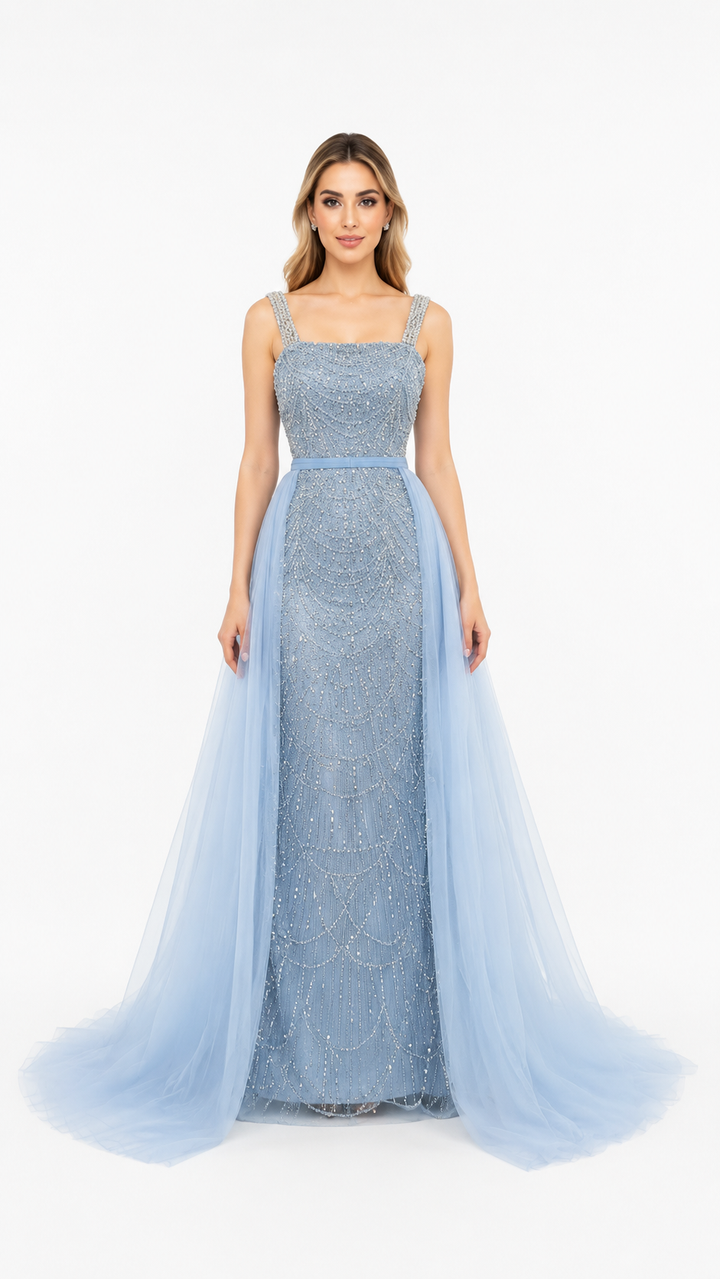 Ice Blue Crystal Beaded Tulle Evening Gown – ADELINA