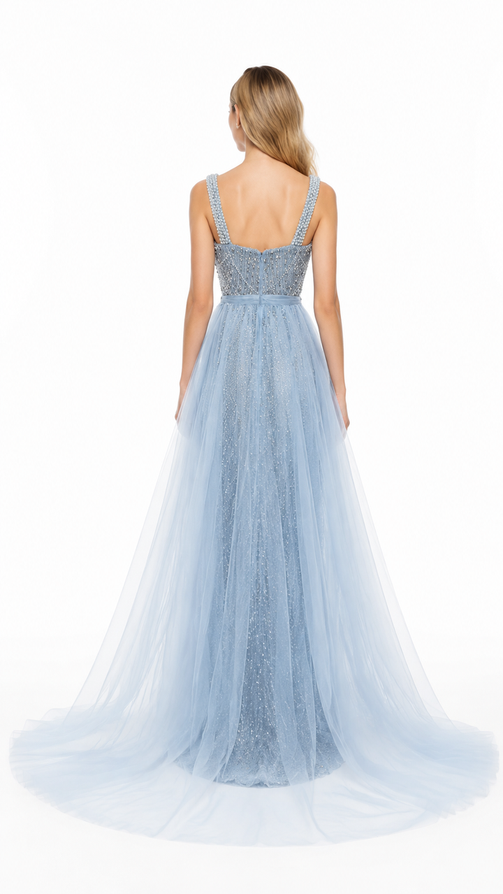 Ice Blue Crystal Beaded Tulle Evening Gown – ADELINA
