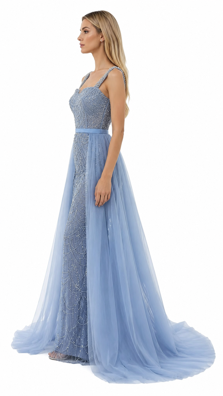 Ice Blue Crystal Beaded Tulle Evening Gown – ADELINA