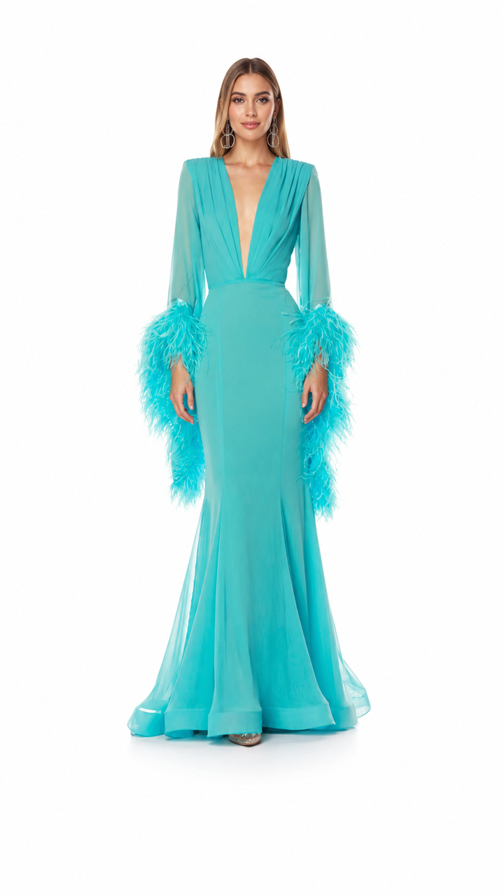 Turquoise Feather Cuff Mermaid Evening Gown – AZURÉA