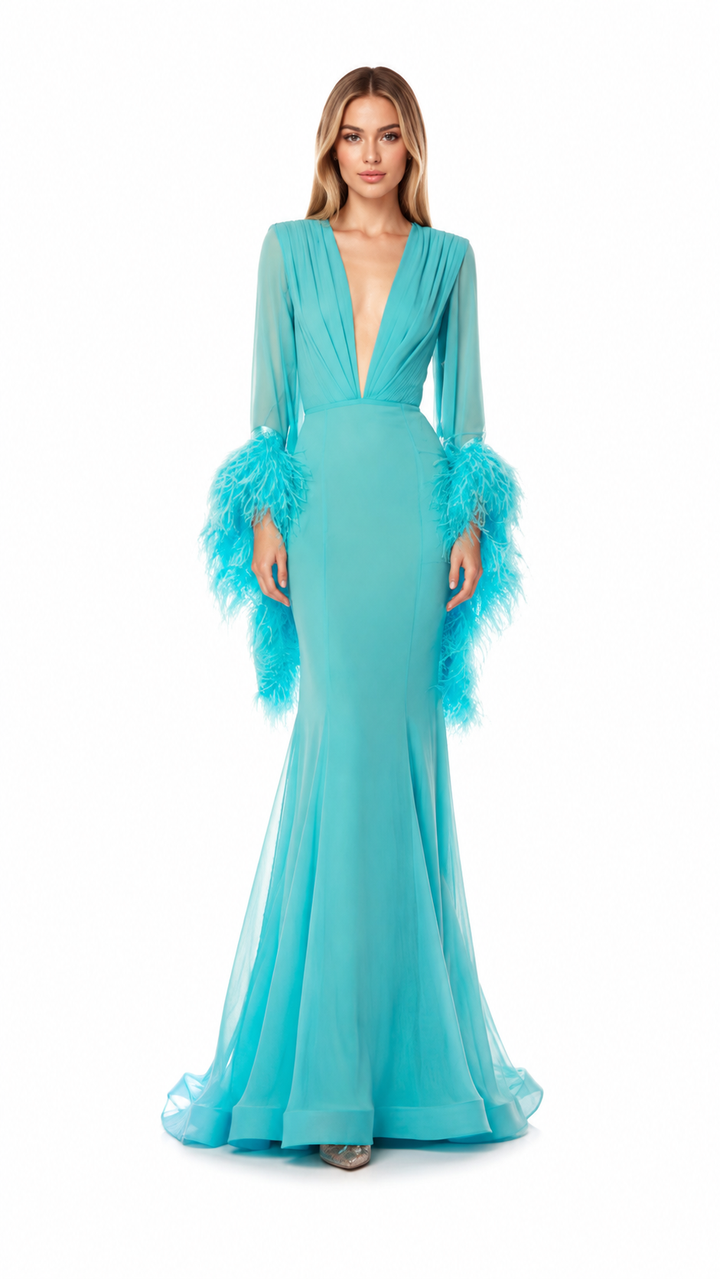 Turquoise Feather Cuff Mermaid Evening Gown – AZURÉA