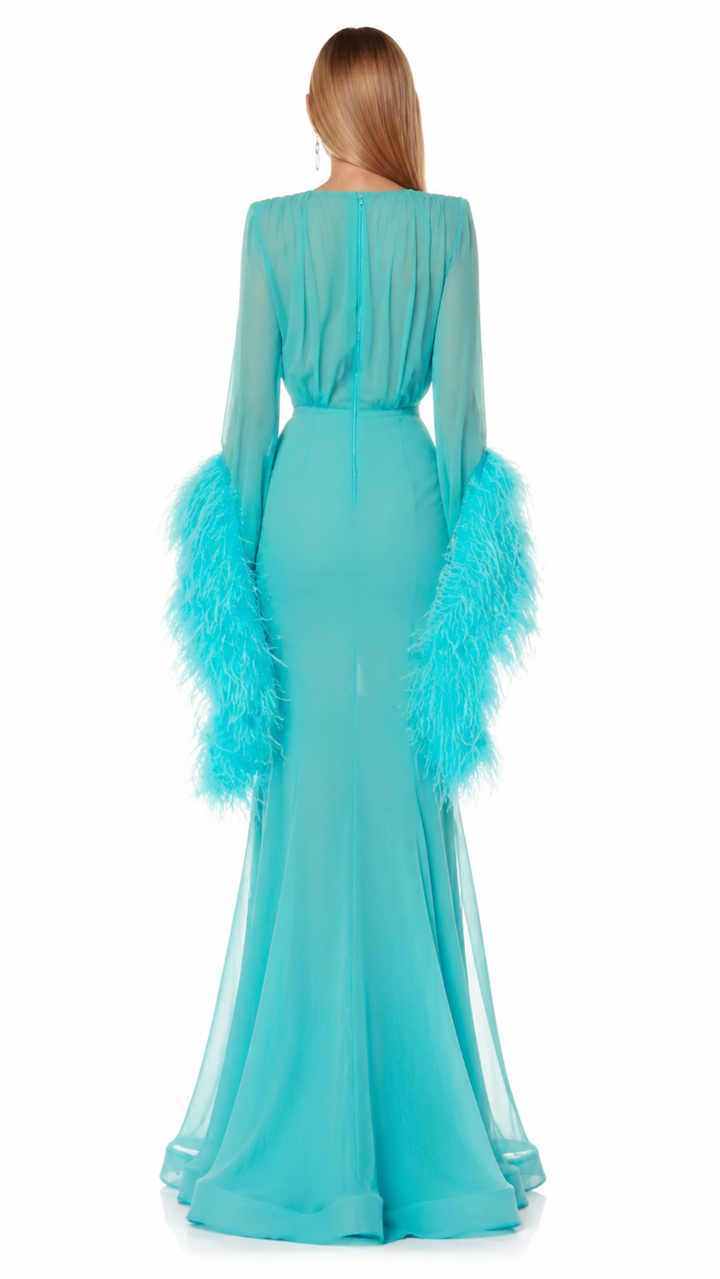Turquoise Feather Cuff Mermaid Evening Gown – AZURÉA