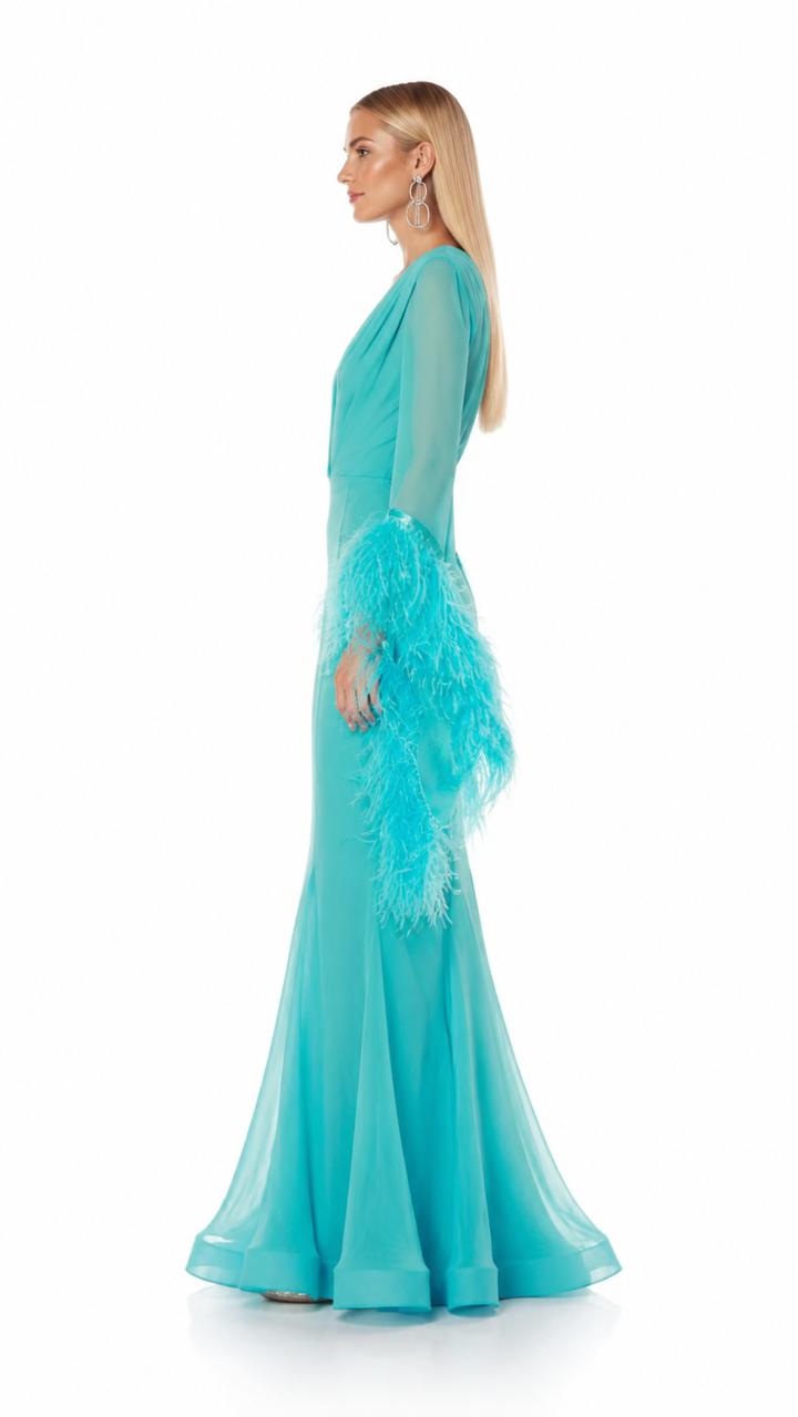 Turquoise Feather Cuff Mermaid Evening Gown – AZURÉA