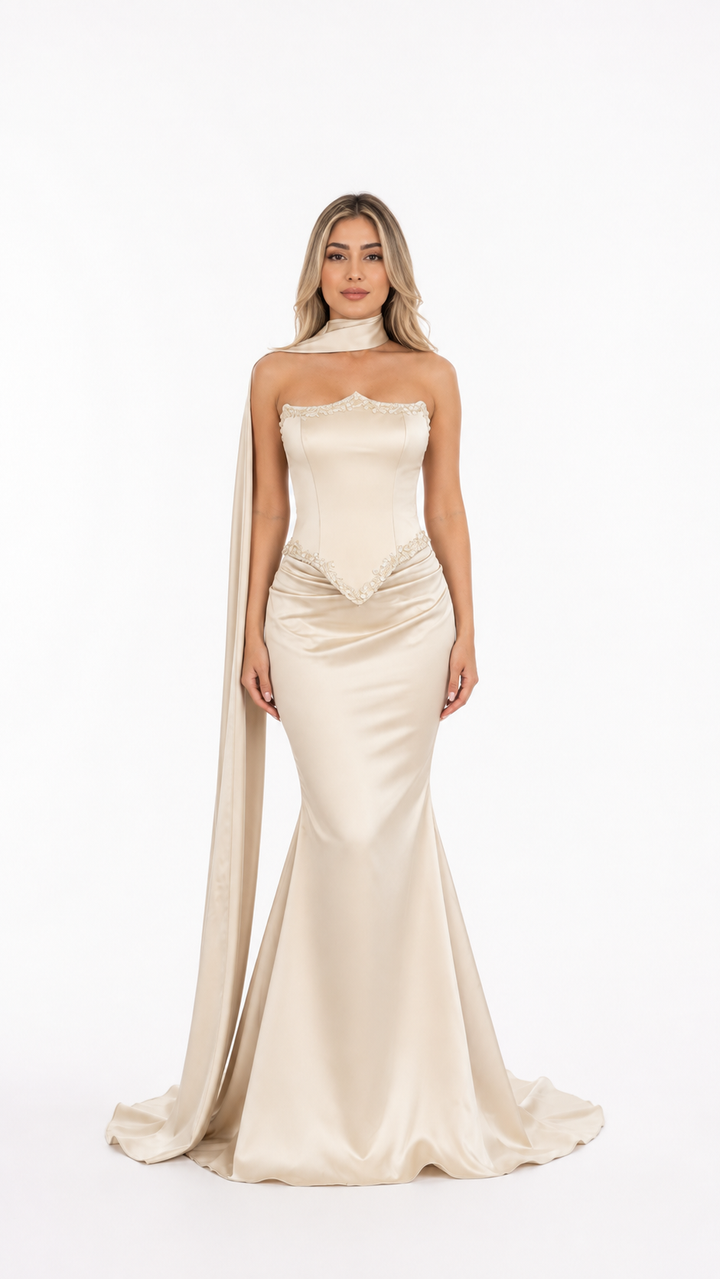 Champagne Corset Draped Mermaid Evening Gown – ÉLORIA