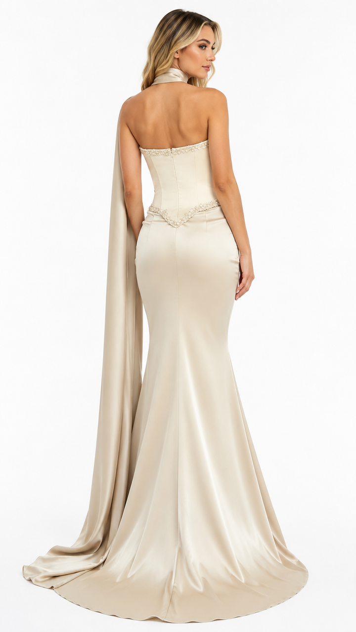 Champagne Corset Draped Mermaid Evening Gown – ÉLORIA