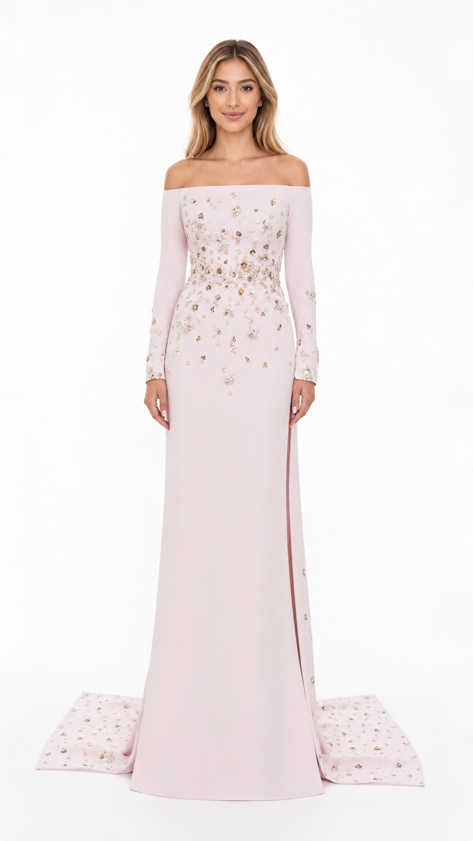 Blush Pink Crystal Embellished Off-Shoulder Evening Gown – LAVÉRA