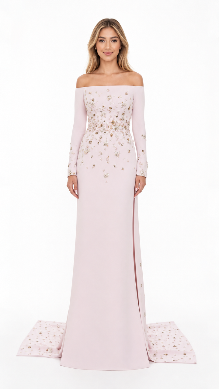 Blush Pink Crystal Embellished Off-Shoulder Evening Gown – LAVÉRA