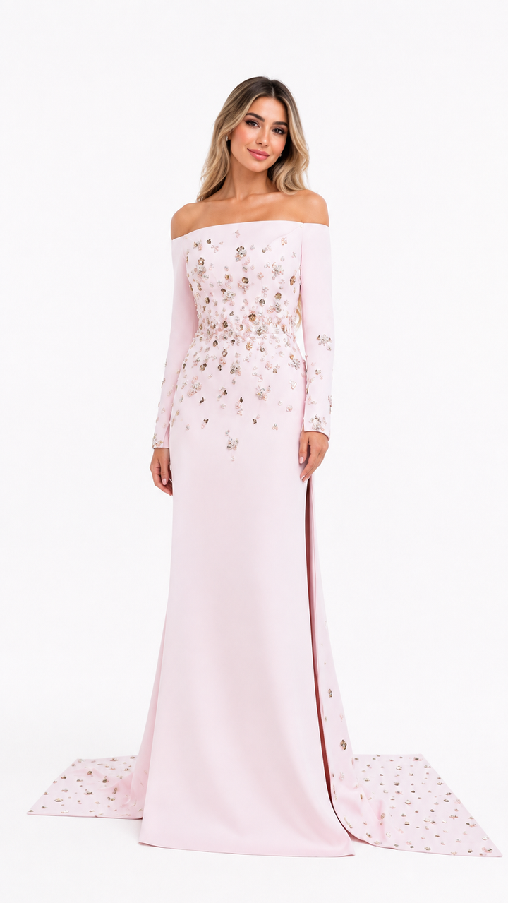 Blush Pink Crystal Embellished Off-Shoulder Evening Gown – LAVÉRA