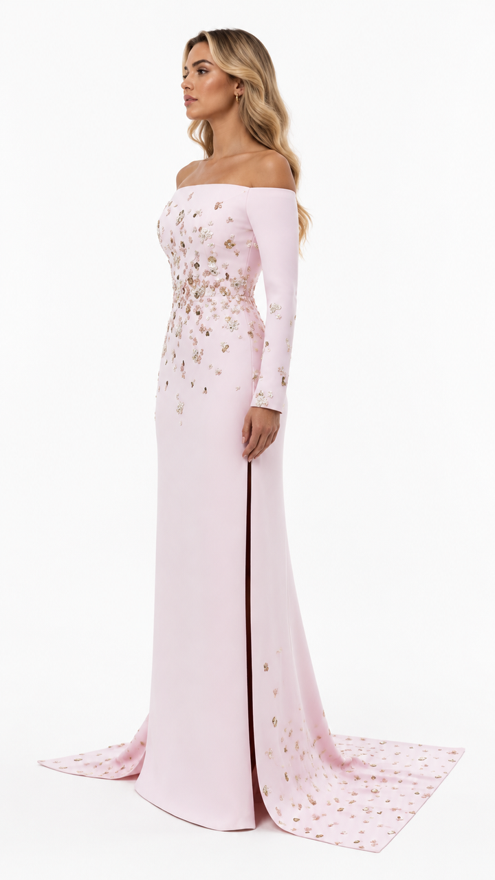 Blush Pink Crystal Embellished Off-Shoulder Evening Gown – LAVÉRA