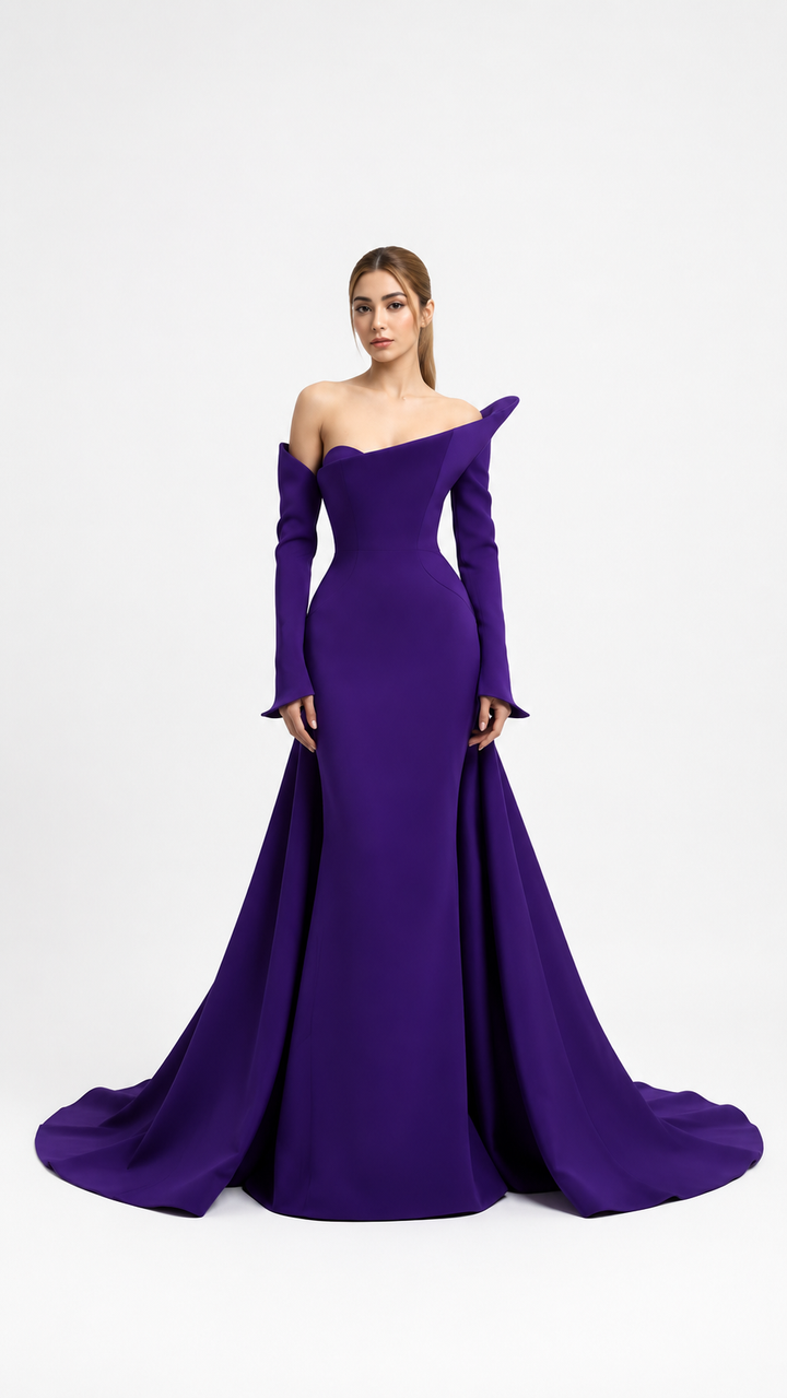 Royal Purple Sculpted Off-Shoulder Evening Gown – VELISSA