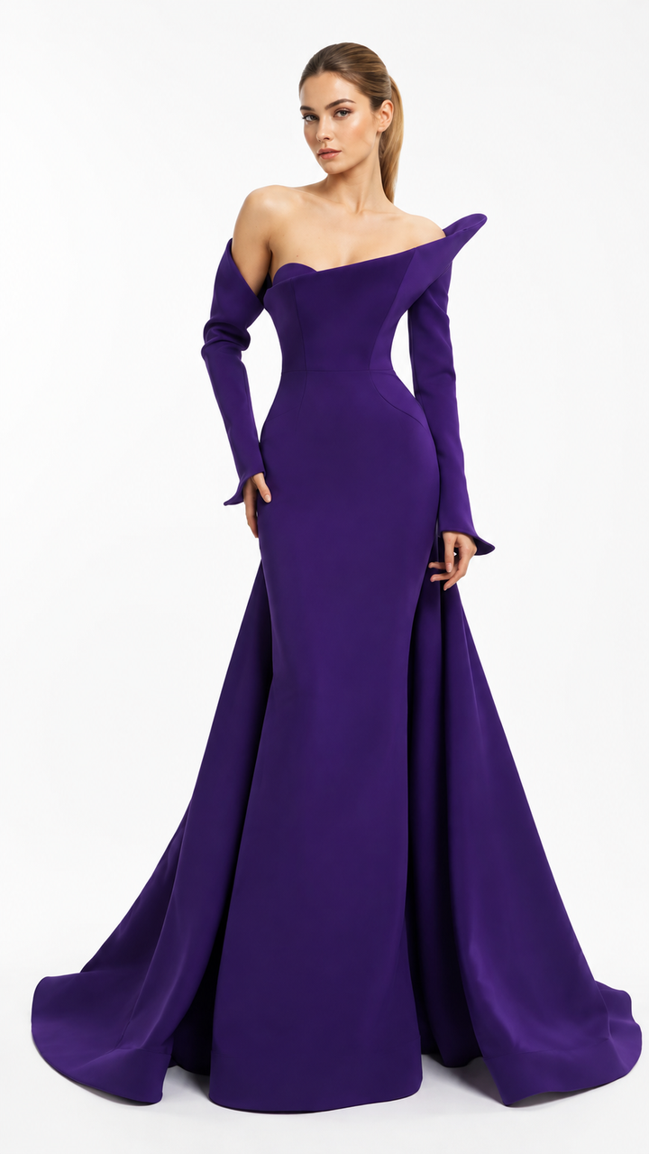 Royal Purple Sculpted Off-Shoulder Evening Gown – VELISSA