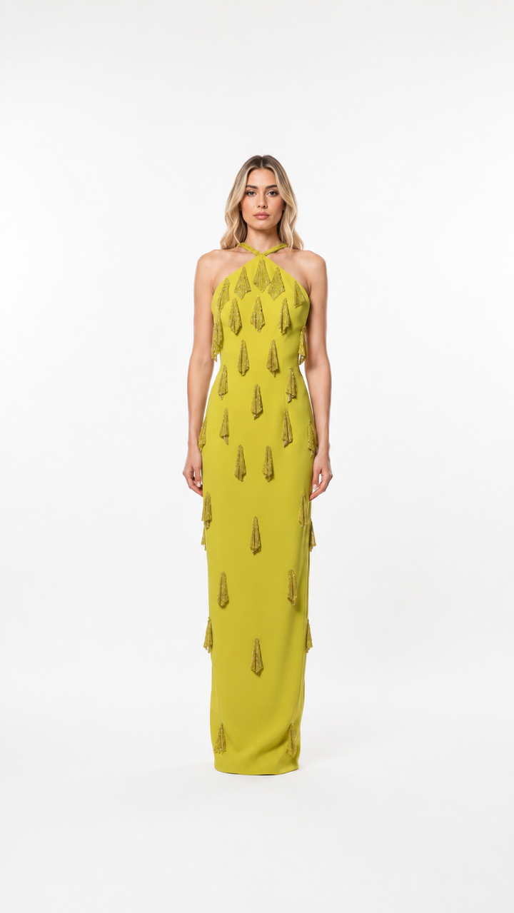 Lime Green Embellished Halter Evening Gown – ZELVIA