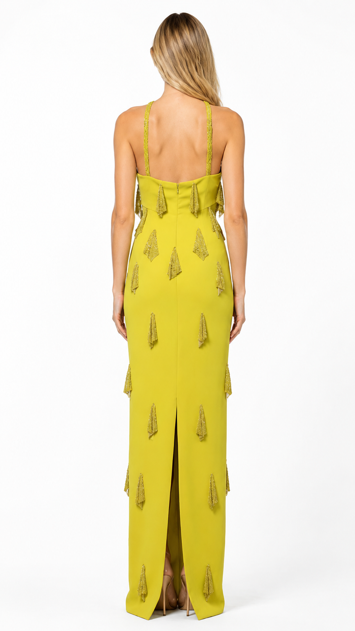 Lime Green Embellished Halter Evening Gown – ZELVIA