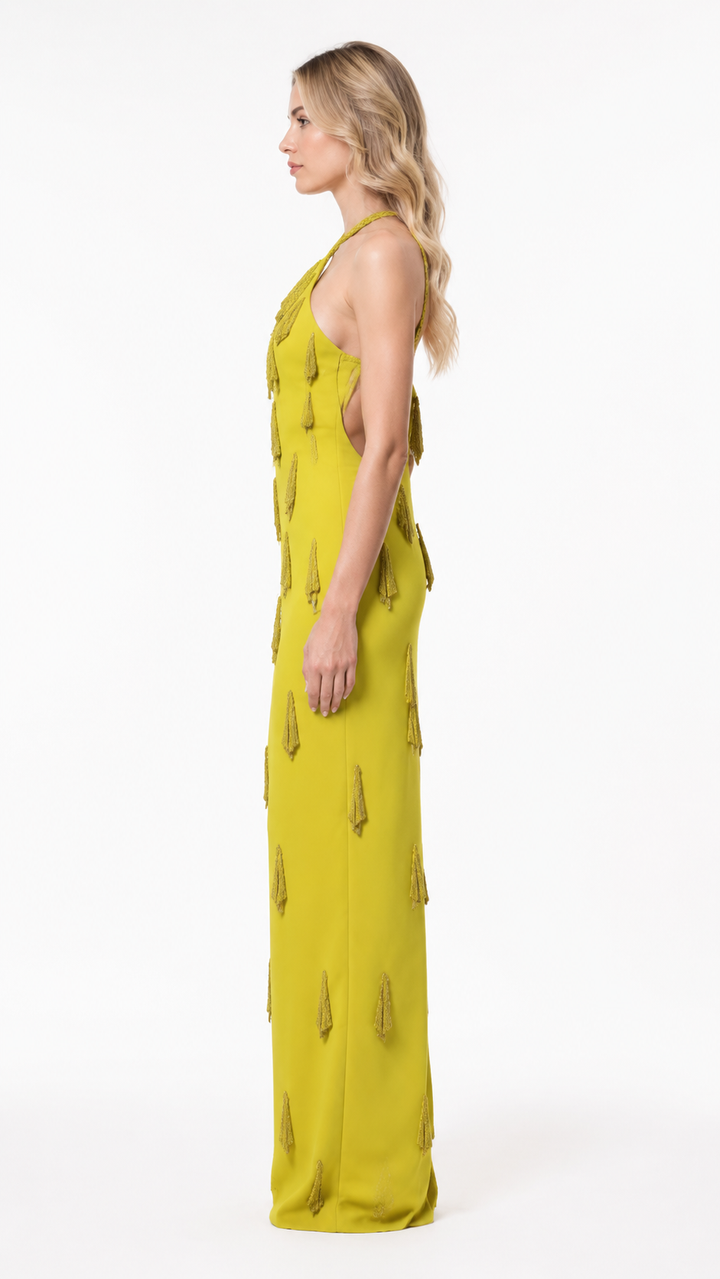 Lime Green Embellished Halter Evening Gown – ZELVIA
